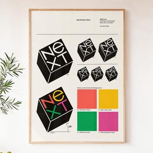 May include: A framed specification sheet featuring the "NEXT" logo in a cube design. The logo appears in black and white, and in a colorful version. Color swatches are included. The frame is light brown.
