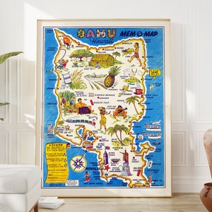 Mapa pictórico de OAHU, impresión de Hawái, historia de Hawái, arte mural de galería, mapa ilustrado antiguo, decoración de viajes, arte para amantes de los viajes, regalos para viajeros