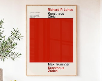 スイスデザイン展のポスター、チューリッヒ美術館のリチャード・P・ローゼとマックス・トゥルニンガー、赤の広場の壁画、レトロな幾何学模様のバウハウス装飾