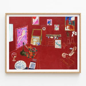 Pode incluir: Uma pintura de uma sala vermelha com uma mesa, uma cadeira e várias imagens emolduradas nas paredes. A sala é decorada com uma variedade de objetos, incluindo um vaso, um copo e um prato. A pintura é feita em um estilo colorido, com cores brilhantes e linhas ousadas.