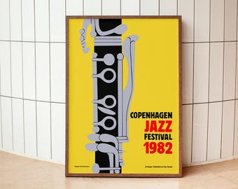 Copenhagen Jazz Festival 1982 Poster, Scandinavian Yellow Design Print, Retro Music Wall Decor, Vintage Jazz Artwork, Retro Clarinet Art