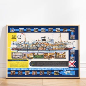 May include: Framed vintage print of a ship, featuring detailed cutaway views and illustrations of interior spaces. The print includes the text "BRITISH INDIA STEAM NAVIGATION COMPANY LIMITED" and "EDUCATIONAL CRUISES". The color palette includes blue, yellow, and white.