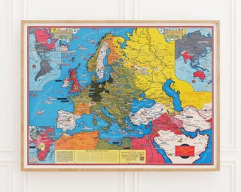 第二次世界大戦の地図、スタンリー・ターナーによる1942年の歴史的な戦争ポスター、ヴィンテージの第二次世界大戦教育チャート、レトロな地理ウォールアート、ヨーロッパのプリント、ギフト