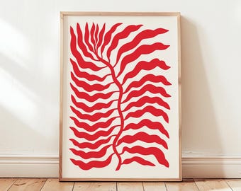 Red Abstract Botanical Art Print - Henri Matisse Inspired, Modern Minimalist Wall Art, Contemporary Nature Decor, Mid Century Leaf Poster