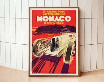 Monaco Grand Prix Print, Robert Falcucci Artwork, 1930 Vintage Racing Art, Car Racing Poster, Racer Gifts, Man Cave Decor