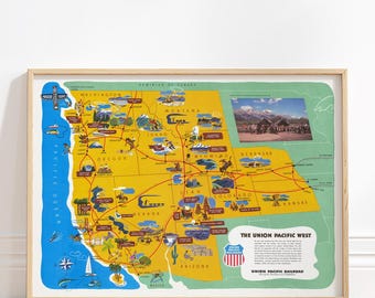 Union Pacific West Map Print, Vintage Railroad Western USA Travel Poster, National Parks Decor, Road Trip Chart, Adventure Explorer Gift