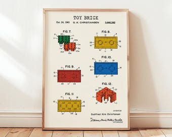 Toy Brick Patent Art Print 2, Building Blocks Blueprint Poster, Kids Room Decor, Nursery Wall Art, Vintage Toy Bricks Game, Birthday Gifts