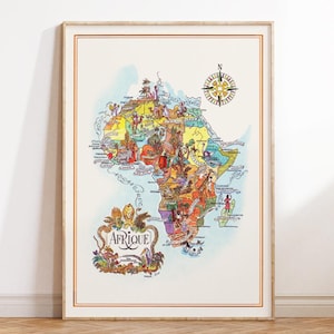 Könnte beinhalten: Eine gerahmte Vintage-Karte von Afrika mit farbenfrohen Illustrationen von Menschen, Tieren und Wahrzeichen. Das Wort "Afrique" wird in einer verzierten Schriftart unten angezeigt. Oben befindet sich eine Windrose.