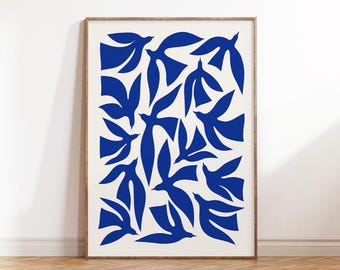 Blue Abstract Birds Wall Art, Henry Matisse Inspired Modern Print, Mid-Century Modern Poster, Contemporary Nature Decor Scandinavian Artwork