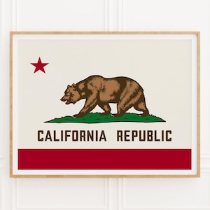 California Republic Flag Print, Bear State Poster, Vintage Golden State Flag Art, West Coast Bear Wall Decor, American Heritage Artwork Gift