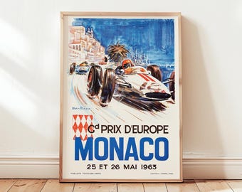 Monaco Grand Prix Print, Michel Beligond Artwork, 1963 Vintage Racing Art, Car Racing Poster, Racer Gifts, Man Cave Decor