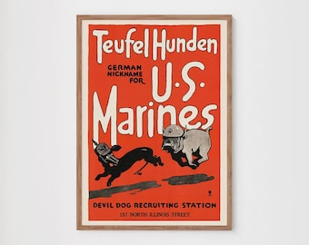 Devil Dog Recruiting Poster, Teufel Hunden U S Marines Print, WWI Military Wall Art, Man Cave Decor, Vintage Propaganda, Office Den Gifts