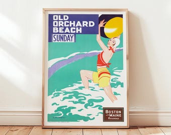 Old Orchard Beach Sunday Print, Charles W Holmes Artwork, Vintage Maine Coast Art, Railroad Travel Poster, Vacation Gift, Beach House Decor