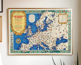 Old Europe Pictorial Map, Continent of Europe History Print, Gallery Wall Art, Travel Decor Gifts, Wanderlust Poster, Restored Antique Map