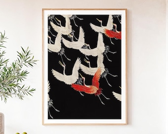 Japanese Crane Print, Elegant Red and White Birds on Black, Vintage Kimono Pattern Poster, Oriental Nature Wall Art, Zen-Inspired Home Decor