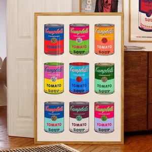 Colored Campbell&#39;s Soup Cans Poster, Andy Warhol Exhibition Print, Colourful Soup Can Illustration, Kitchen Wall Decor, Cafe Gallery Art