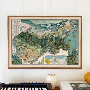 May include: A framed vintage educational map of the USSR featuring detailed illustrations of regional wildlife, forests, and arctic landscapes. The map includes Cyrillic text, "G. G. G. P." in the upper left corner, and smaller inset maps and charts.