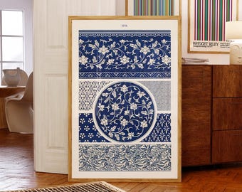 Chinese Ornament Print, Owen Jones Poster, Floral Wall Art, Blue White Vintage Decorative Artwork, Historic Design, Oriental Pattern Decor