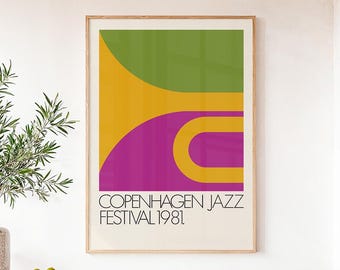 Copenhagen Jazz Festival 1981 Poster, Abstract Jazz Horn Print, Retro Music Wall Decor, Mid-Century Modern Art, Scandinavian Graphic Design