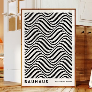 Bauhaus Waves Pattern Print, Black & White Abstract Stripes Poster, Modern Geometric Wall Art, Minimalist Mid Century Decor, Op Art Design
