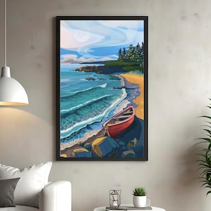 LA BARCA ROSSA - Stampa artistica da parete in edizione limitata Beach Shore / Tela tesa di qualità da galleria o tela non tesa o carta per belle arti