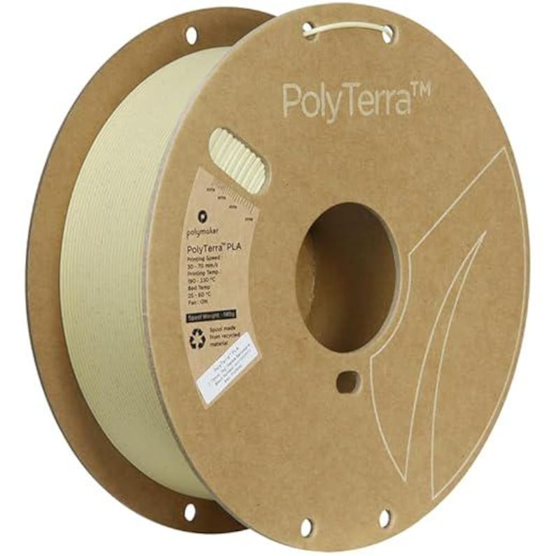 May include: A spool of PolyTerra PLA 3D printing filament. The spool is made of recycled material and features a tan cardboard-like exterior with a cream-colored filament. The label provides printing specifications.