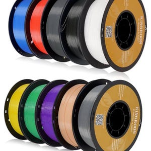 May include: A collection of colorful 3D printer filament spools. The spools are black with various colors of filament, including blue, red, black, white, yellow, green, purple, and gray. The brand name "KINGROON 3D PRINTER FILAMENT" is printed on the spool.