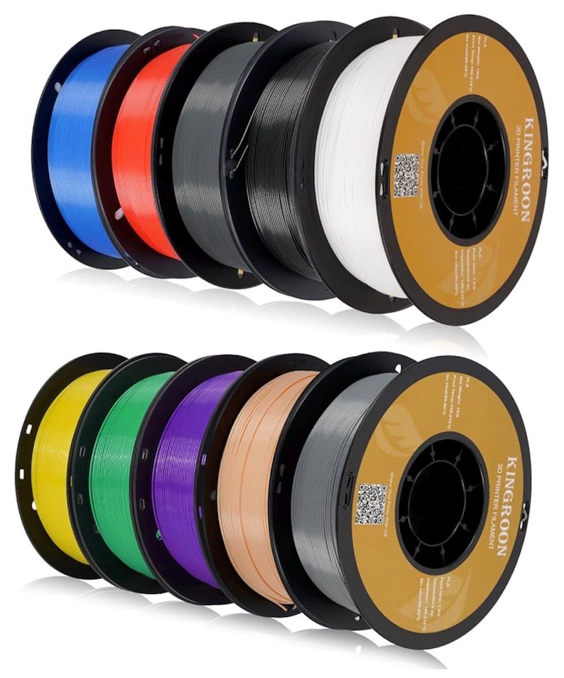 May include: A collection of colorful 3D printer filament spools. The spools are black with various colors of filament, including blue, red, black, white, yellow, green, purple, and gray. The brand name "KINGROON 3D PRINTER FILAMENT" is printed on the spool.