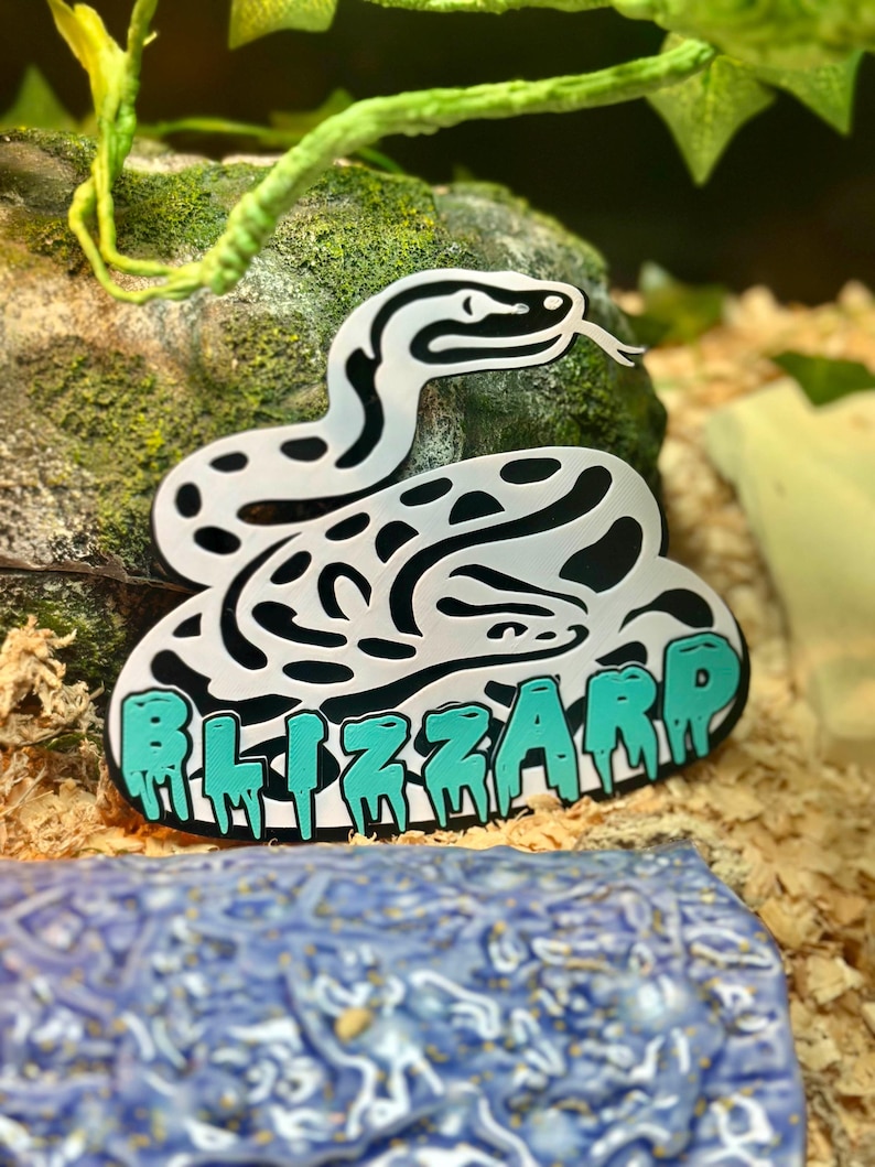 May include: A white and black snake-shaped pin with the word "BLIZZARD" in teal dripping letters. The pin is set against a backdrop of a mossy rock and wood shavings.