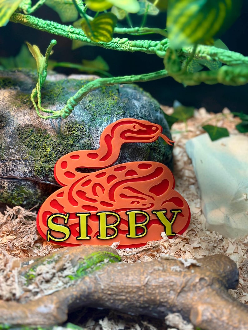 May include: An orange and red snake-shaped decoration with the name "SIBBY" in yellow letters. The decoration is placed on a bed of wood shavings, with a rock and green foliage in the background.