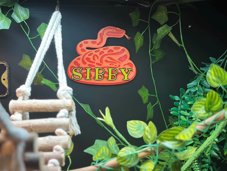 May include: A decorative sign featuring a stylized orange snake with red details and the name "SIBBY" in yellow letters. The sign is mounted on a dark background with artificial greenery and a rope ladder.