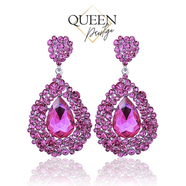 Pink Crystal Earrings, Pageant Earrings, Oversized Earrings, Chunky Earrings, Prom Earrings, Crystal Dangle Earrings, Ea rrings, Pageant
