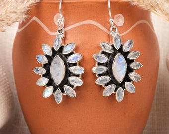 Sterling Silver Floral Moonstone Dangle Earrings, Bohemian Gemstone Jewelry