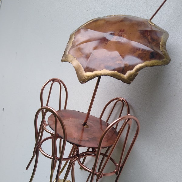 Copper and Brass Bistro Table with Four Chairs and Umbrella Metal Wall Hanging Art Decor Sculpture