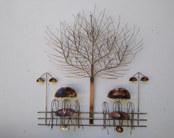 Copper And Brass Two Table French Cafe With A Tree And Copper Fence  Metal Wall Hanging Art Decor Sculpture