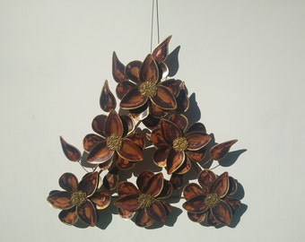 Copper and Brass Six - Six Pedal Double Layer Flowers With Leaves Triangle Metal Art Decor Sculpture