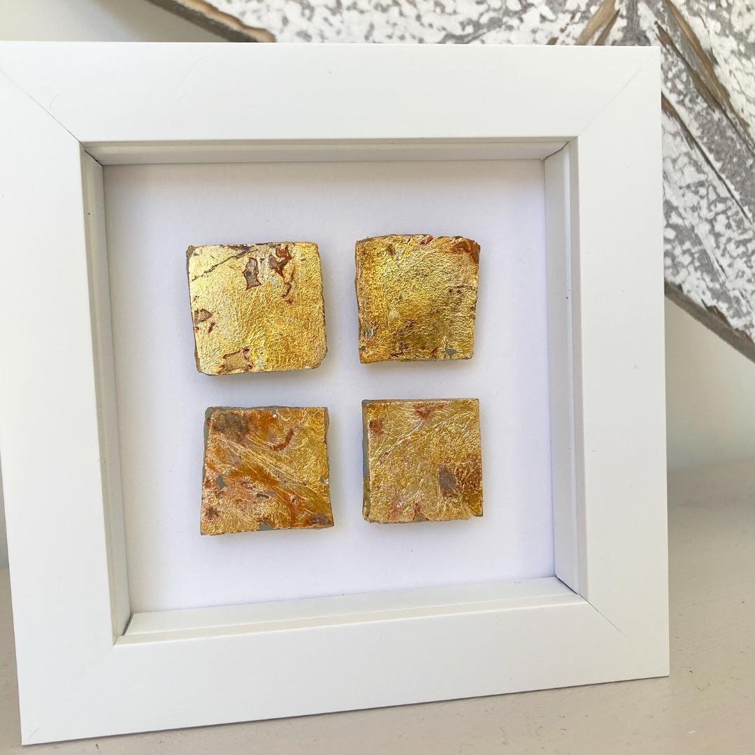 Gold Stunning Wall Art Contemporary Framed Art Upcycled 4 Glass Squares
