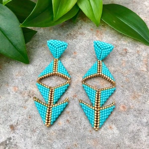 Turquoise and gold handmade beaded statement earrings