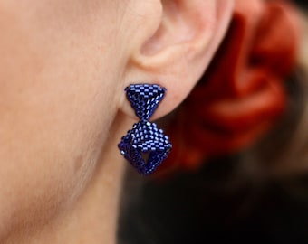 Sapphire blue handmade beaded earrings-unusual octahedron shape.