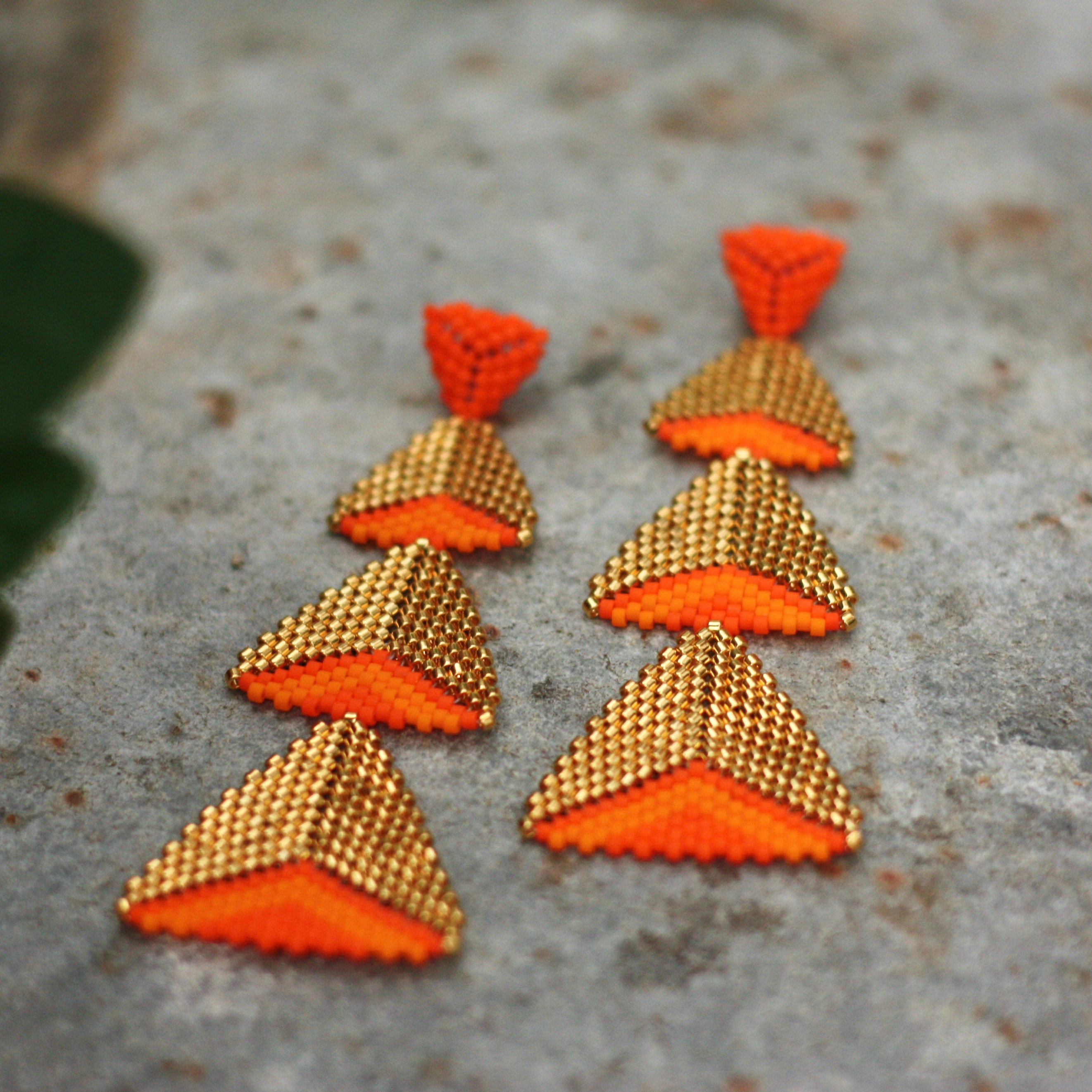 Orange And Gold Long Handmade Beaded Statement Earrings elegant Summer orange-and-gold-long-handmade-beaded-statement-earrings-elegant-summer