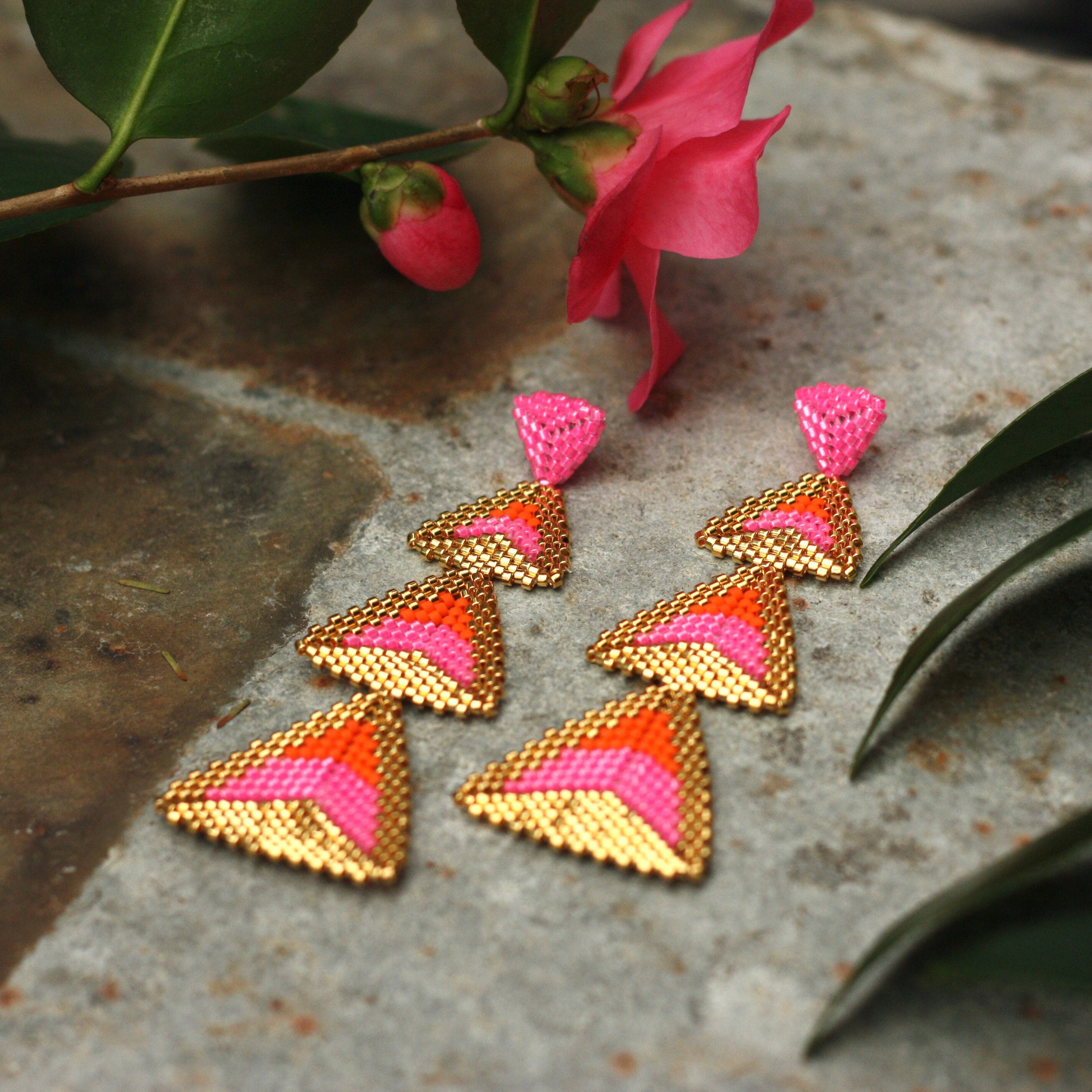 Gold Hot Pink and Orange Handmade Beaded Statement Earrings