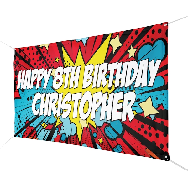 CUSTOM Comic Book VINYL BANNER - Happy Birthday Sign - Personalized Celebration Event, Dynamic Decor, Pow Bam Boom, Heroic Superhero Yard