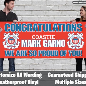 Banner personalizado de la GUARDIA COSTERA - Vinilo - Bienvenido a casa o felicitaciones - Estamos tan orgullosos - Ejército de los Estados Unidos - Coastie - Graduación