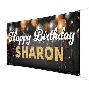 CUSTOM Gold Silber VINYL BANNER - Happy Birthday Zeichen - Personalisierte Party-Event, Jedes Alter, Hof Zeichen, Gold Geburtstag, Silber Schwarz