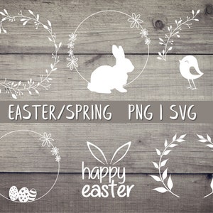 Easter Easter Bunny Chick Bunny Ears Happy SVG DXF PNG Floral Wreath Wreath Vector Cricut Brother Silhouette digital download handlettering