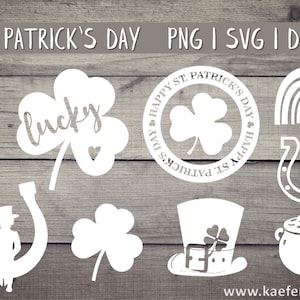 Könnte beinhalten: Eine Sammlung weißer St. Patrick's Day-Motive, darunter ein Bierkrug, ein vierblättriges Kleeblatt mit dem Wort "lucky", ein kreisförmiges Design mit einem Kleeblatt, ein Regenbogen, ein Hufeisen, ein Kobold, ein Hut und ein Goldtopf.