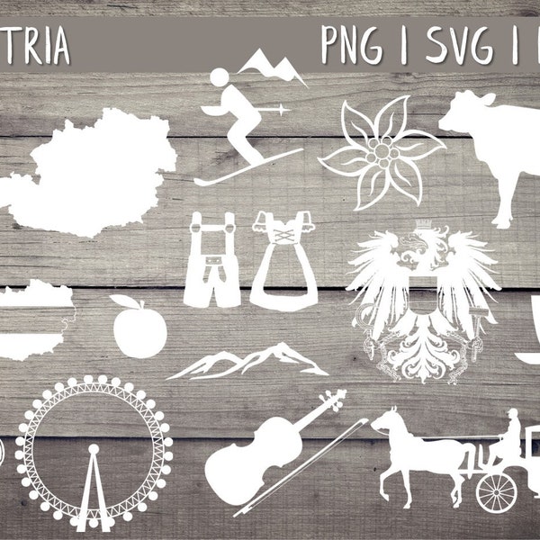 Autriche SVG DXF PNG Vector Cricut Brother Canvas Silhouette Autriche Bière Edelweiss Montagnes Ski Prater Lederhosen Dirndl Cow Fiaker Café