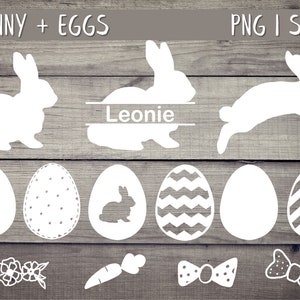 May include: White Easter-themed digital graphics on a wood-grain background. Includes bunny silhouettes, Easter eggs with various designs, a carrot, floral elements, and bow ties. Text includes "BUNNY + EGGS" and "PNG I SVG". One bunny graphic has the name "Leonie".
