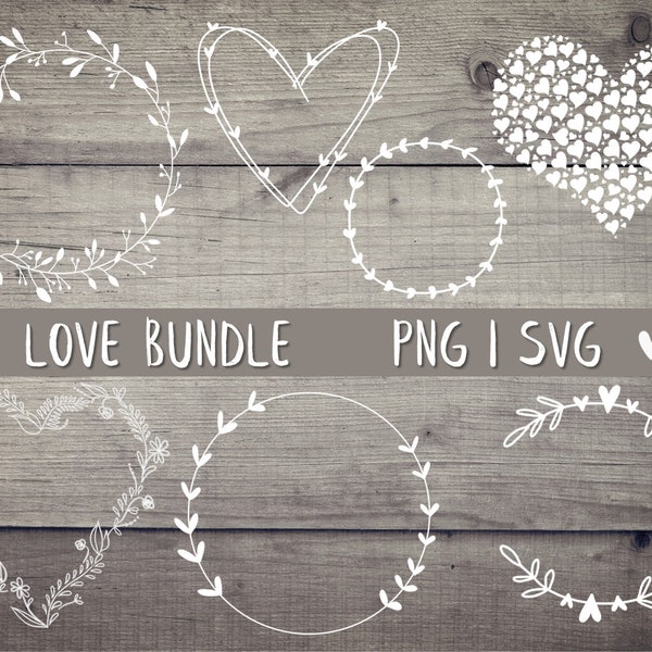 Liebe Valentinstag SVG PNG Blumenkranz Kranz Vektor Cricut Brother Canvas Silhouette digitaler Download Handlettering Herzen Plotten Bundle