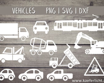 Fichier de plottage véhicules Excavatrice voiture SVG DXF PNG camions bétonnières camion à bascule tramway Vecteur Cricut Brother Silhouette Baby